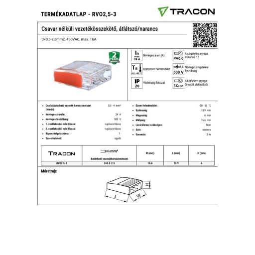 RVO2,5-2 Csavar nélküli vezetékösszekötő, átlátszó/fehér2×0,5-2,5mm2, 450VAC, max. 16A