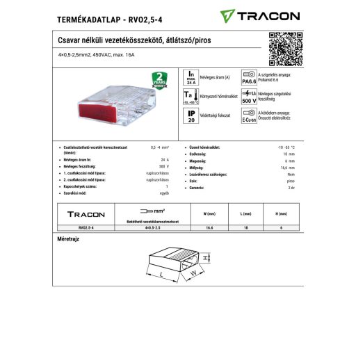 RVO2,5-2 Csavar nélküli vezetékösszekötő, átlátszó/fehér2×0,5-2,5mm2, 450VAC, max. 16A