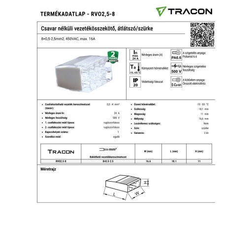 RVO2,5-2 Csavar nélküli vezetékösszekötő, átlátszó/fehér2×0,5-2,5mm2, 450VAC, max. 16A