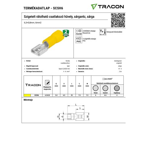 SCS6 Szigetelt rátolható csatlakozó csap, sárgaréz, sárga6,3×0,8mm, 6mm2