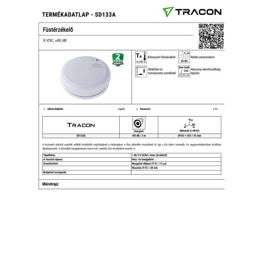 SD133A Füstérzékelő9 VDC, >85 dB