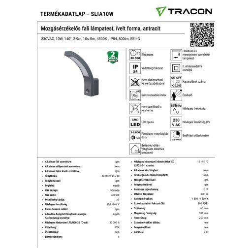 SLIA10W Mozgásérzékelős fali lámpatest, ívelt forma, antracit230VAC, 10W, 140°, 2-9m, 10s-5m, 4500K 