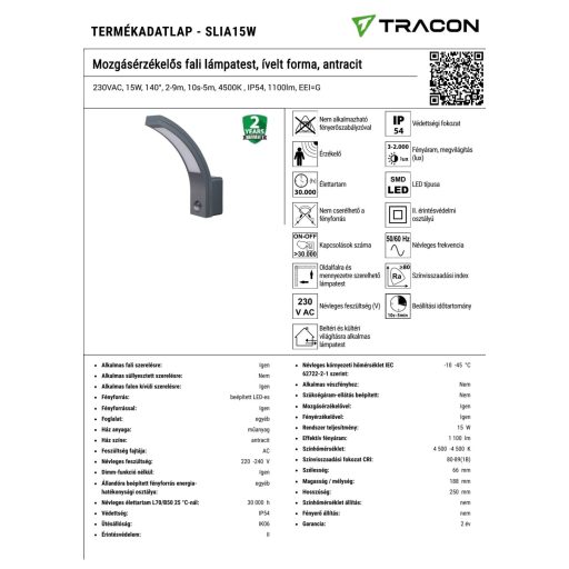 SLIA15W Mozgásérzékelős fali lámpatest, ívelt forma, antracit230VAC, 15W, 140°, 2-9m, 10s-5m, 4500K 