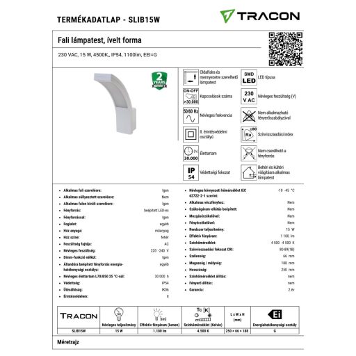 SLIB15W Fali lámpatest, ívelt forma230 VAC, 15 W, 4500K,, IP54, 1100lm, EEI=G