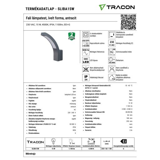 SLIBA15W Fali lámpatest, ívelt forma, antracit230 VAC, 15 W, 4500K, IP54, 1100lm, EEI=G