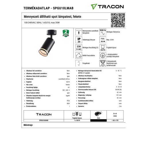 SPGU10LMAB Mennyezeti állítható spot lámpatest, fekete100-240VAC, 50Hz, 1xGU10, max.35W