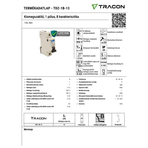 TDZ-1B-13 TDZ-1B-13 Kismegszakító, 1 pólus, B karakterisztika13A, 6kA