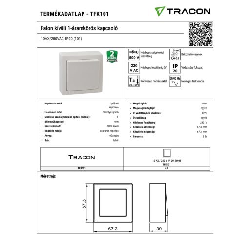 TFK101 Falon kívüli 1-áramkörös kapcsoló10AX/250VAC, IP20 (101)