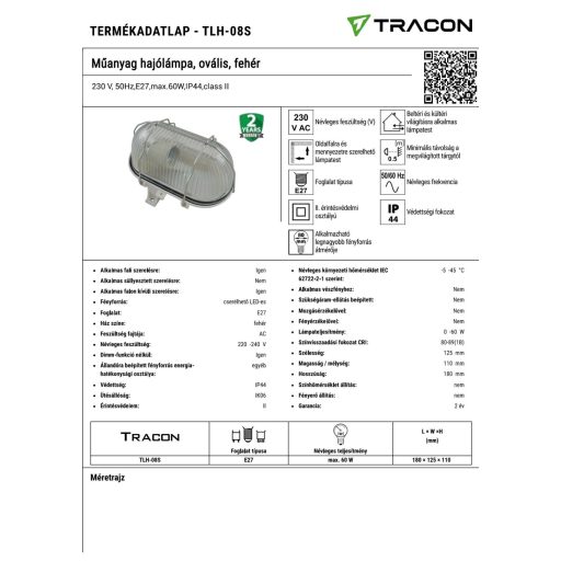 TLH-08S Műanyag hajólámpa, ovális, fehér230 V, 50Hz,E27,max.60W,IP44,class II