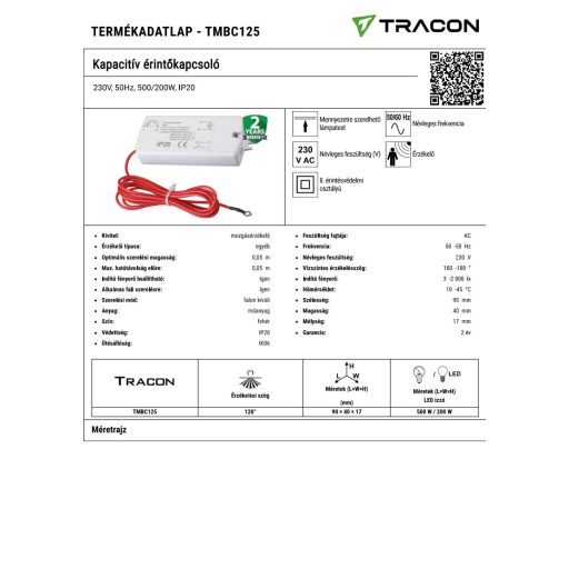 TMBC125 Kapacitív érintőkapcsoló230V, 50Hz, 500/200W, IP20