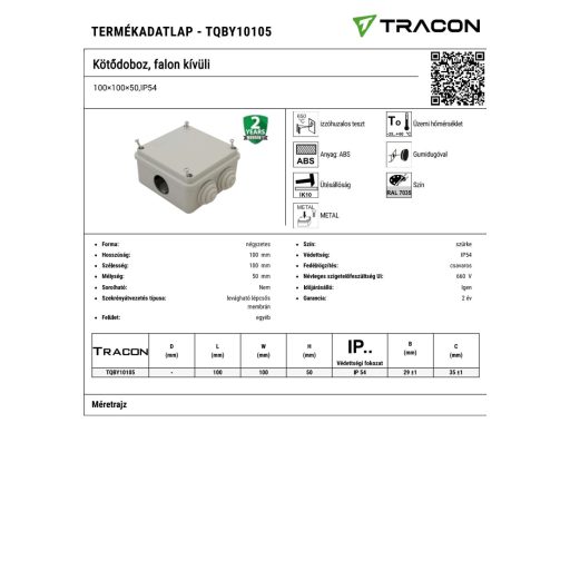 TQBY10105 Kötődoboz, falon kívüli100×100×50,IP54