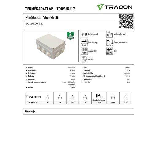 TQBY15117 Kötődoboz, falon kívüli150×110×70,IP54