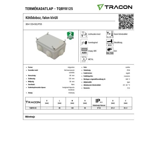 TQBY8125 Kötődoboz, falon kívüli80×120×50,IP55