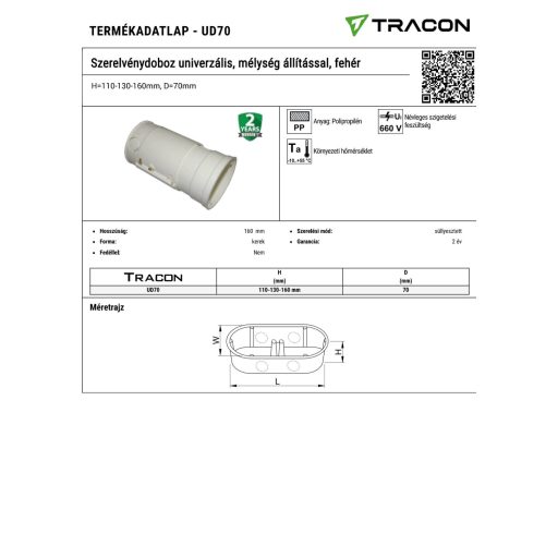 UD70 Szerelvénydoboz univerzális, mélység állítással, fehérH=110-130-160mm, D=70mm
